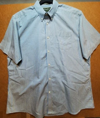 Eddie Bauer Mens Button Shirt XL Blue Beige Stripe Short Sleeve Pocket Cotton - Image 1 of 4