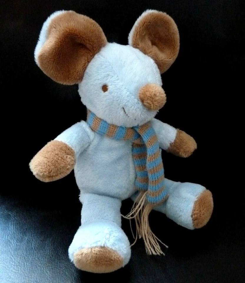 *. DOUDOU PELUCHE GRAINE D'EVEIL FNAC SOURIS BLEU ECHARPE MARRON ETAT NEUF* - Photo 1/1
