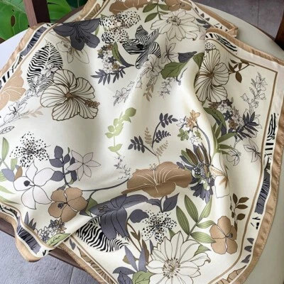 Pañuelo 100 % seda para mujer beige envoltura de flores cabeza cuello pañuelo para el cabello 53 cm Foto 1 de 2