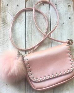 Pink Silver Purse With Fluffy Pom Pom Keychain Long Strap Girls Set Cross Body - Picture 1 of 12
