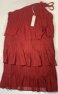Kilig Womens One Shoulder Dress Tie Shoulder 3 Tier Red Summer Mini Dress L NEW - Picture 1 of 10