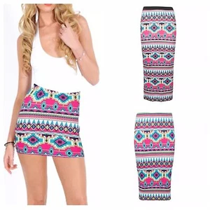 NEW WOMENS LADIES AZTEC TRIBAL PRINT STRETCH MIDI MAXI MINI SKIRT PLUS SIZE 8-22 - Picture 1 of 4