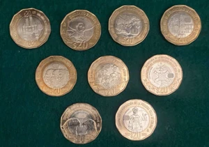 MEXICO Bi-metallic  Coins set of 9 different $20 Pesos latest RELEASED  NEW Unc - Picture 1 of 6