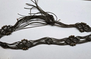 Vintage Macrame Tie Belt Fringe Boho Hippie Dark Brown Womens S/M 56" - Picture 1 of 5