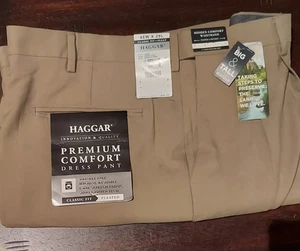 46 x 29 Haggar Men's Premium Comfort Dress Pants Med Khaki Stretch Stria Pleated - Picture 1 of 2