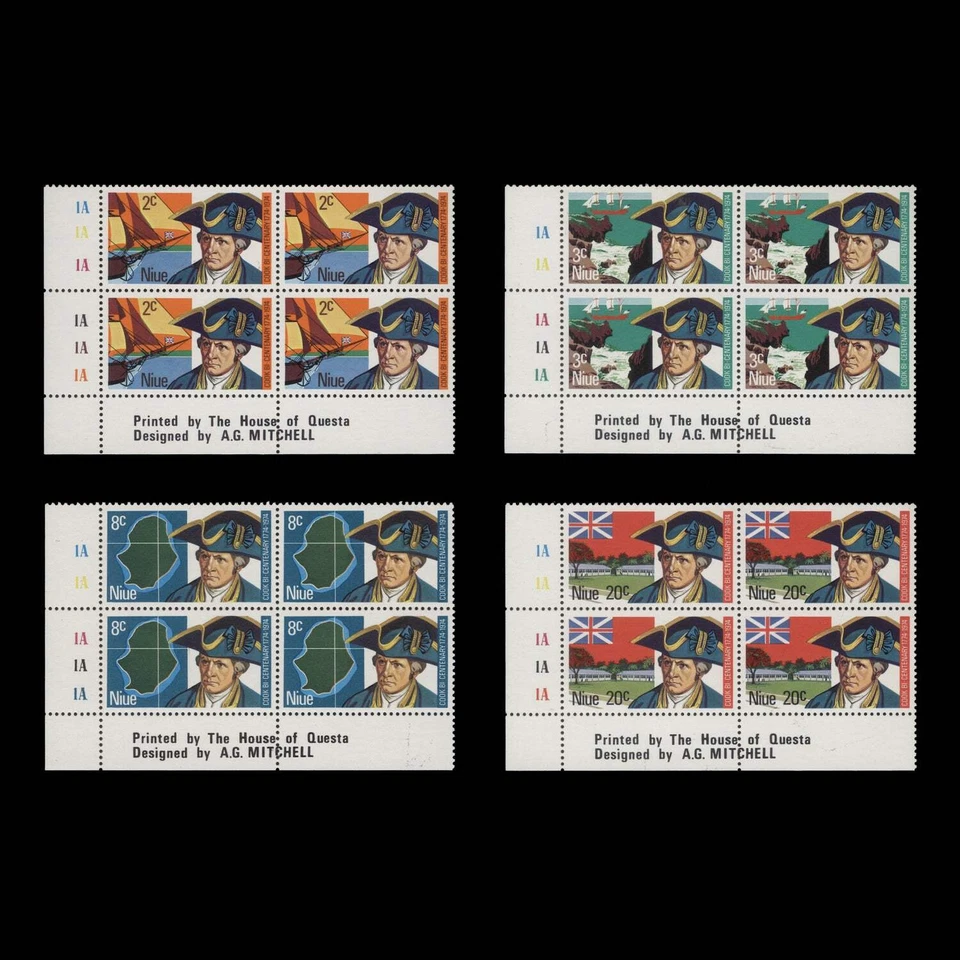Niue 1974 (MNH) Captain Cook's Visit Bicentenary imprint/plate blocks — 第 1/1 张图片