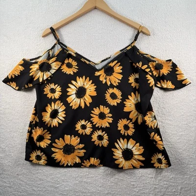 Shein Short Sleeve Cold Shoulder V Neck Top Size XL Black Orange Sunflower Print - Image 1 of 4