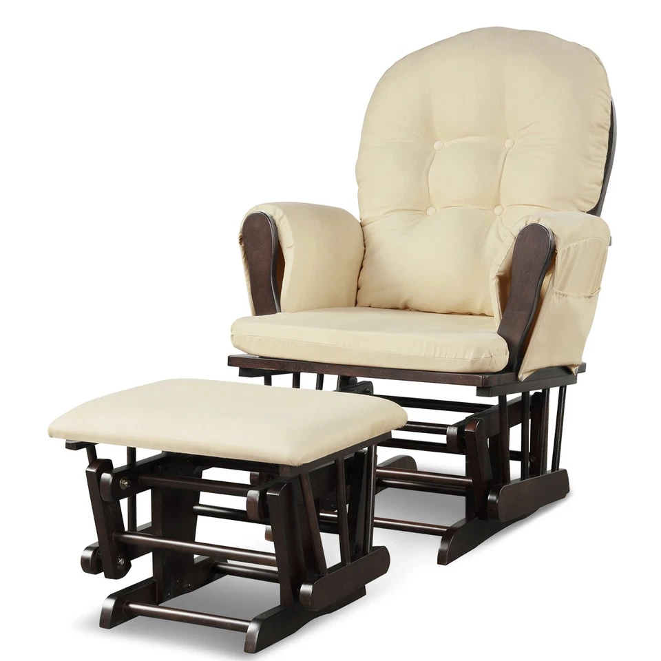 Costway Wood Baby Nursery Rocking Chair Glider and Ottoman Cushion Set Beige