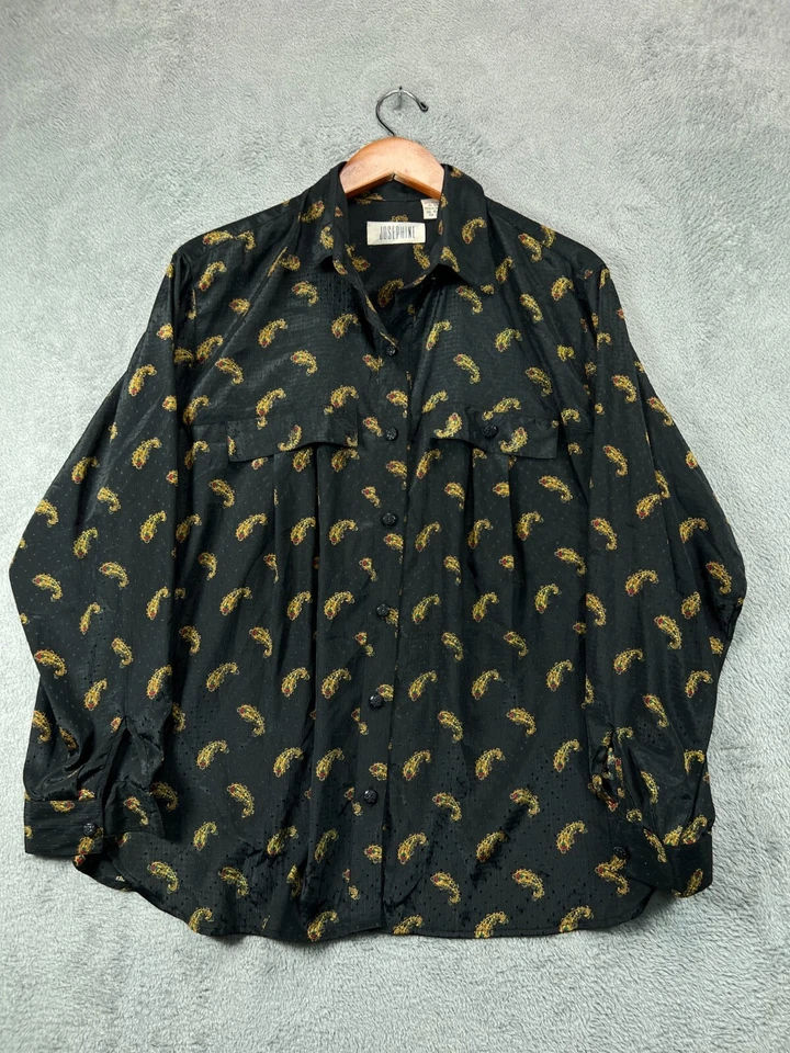 VTG Josephine Satin Button Up Shirt Top Womens Large Black Paisley Long Sleeve - Image 1 of 4