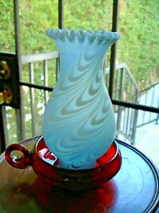 FENTON EXTRIMELY RARE BLUE SATIN OPALESCENT FEATHER SWIRL HURRICANE LAMP SIGN - Picture 1 of 12