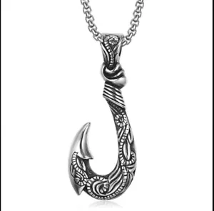 Hawaiian Fishing Fish Hook Pendant Necklace Silver Plated Over Titanium Steel - Bild 1 von 9