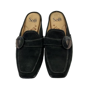Sofft Womens Sz 7W Wide Black Suede Leather Kitten Heel Side Buckle Mules - Picture 1 of 12