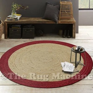 Bangle Blush Pink Border Braided Natural Jute Round Floor Rug 100x100cm **NEW** - Photo 1/4