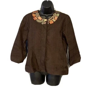 Chico’s Women’s Blazzer Medium Snap Button Brown Artsy Beeds - Picture 1 of 4
