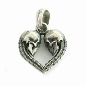 US 925 Sterling Silver Double Skulls Heart Pendant Mens Biker Pendant TA168A - Picture 1 of 11
