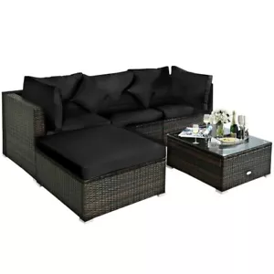 5-Piece Outdoor Patio Rattan Furniture Set Sectional Conversation Black Cushions - Picture 1 of 13