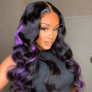 Body Wave Ombre Black Purple Lace Front Human Hair Wig Beauty - Picture 1 of 5