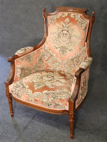 Fine Carved Walnut Louis XVI Bergere Chair circa 1940 Cover