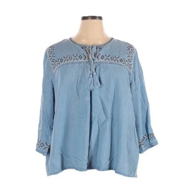 Blusa FDJ Boho Azul Bordada Ligera Cambray Talla 16 Foto 1 de 4