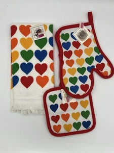 Juego de cocina vintage nuevo de los años 80 B&D corazón arco iris primario NOS - toalla y guante de horno - Imagen 1 de 3
