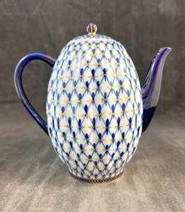 Lomonosov Cobalt Net Coffee Pot with DAMAGED Lid Cobalt Blue and Gold Net Design - Picture 1 of 11