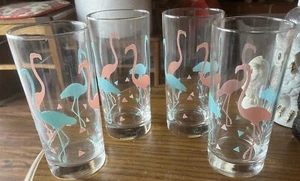 Set of 4 Libbey Flamingo Tall 6 1/4” Ice Tea Glasses Pink & Teal Blue - Picture 1 of 3