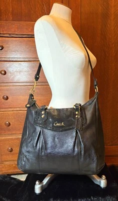 Coach F20104 Black Leather Python Trim Ashley 2-Way Tote/Shoulder Purse 14x12x6 - Image 1 of 4