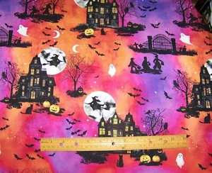 1 yard Hoffman HAUNTED HOUSES on ORANGE PURPLE RED 100% Cotton Fabric HALLOWEEN - Picture 1 of 1