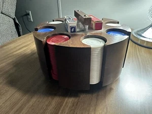 Vintage WOODEN POKER CHIP HOLDER, Cover, And Cards. Turntable Chip Holder - Picture 1 of 4