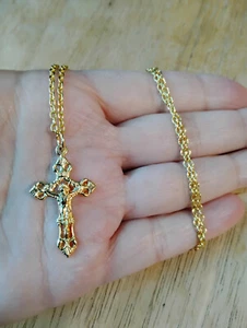 Collar Cruz Crucifijo Filigrana Flor de Lis Oro 14k 20" Cadena Eslabones De Colección - Imagen 1 de 2