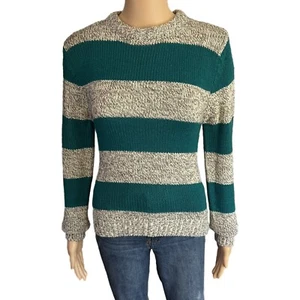 Vintage Fresh Squeeze Striped Sweater 90s Gray/Teal Knit Pullover - Womens M - Picture 1 of 5