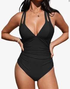 NEW 1 Pc Swimsuit Tummy Control V Neck Double Straps Crisscross L 12/14 - Picture 1 of 5