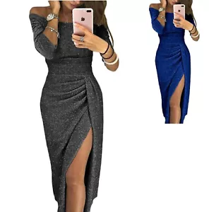 Abito da sera donna glitter metallizzato manica lunga fessura anteriore midi fuori spalla - Foto 1 di 11