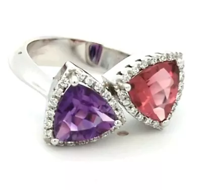 Video Anillo Retro 3.22CT 18K Oro Blanco Turmalina Rosa Natural Amatista Vergano Foto 1 de 4