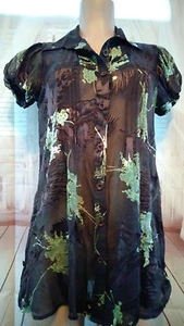 Women's Velvet Burnout ANN BOOTH Tunic Brown Green Floral Button Sheer Small - Picture 1 of 11