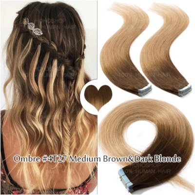 Gewellt 40Stück Tape In Remy Echthaar Extensions Haarverlängerung Skin Weft Lang - Bild 1 von 4