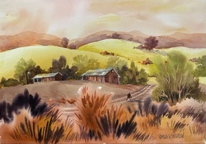 Original Pamela Wilhelm Watercolor 7.5”x10.5” Autumn Farm Dusty Reds - Picture 1 of 1