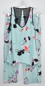 Linea Donatella Blue Teal Floral Pattern Lace Trim 2-Piece Pajamas Set Size (M) - Picture 1 of 7