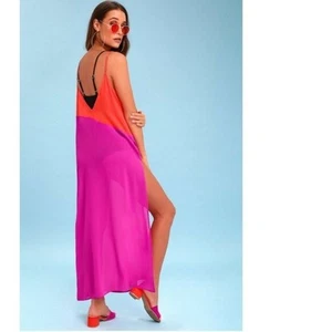 Women’s Sleeveless Maxi Dress Sheer Cover Up Orange Pink Colorblock V-Neck Slit - Picture 1 of 8