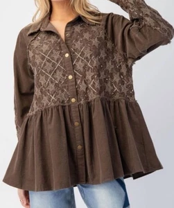 Easel Womens Western Corduroy Sparkle Tunic Lace Sequin Cowgirl Boho Size M - Bild 1 von 8