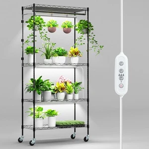 Plant Shelf with Grow Light, 4-Tier Metal Grow Light Shelf with Hanging Rod a... - Picture 1 of 8