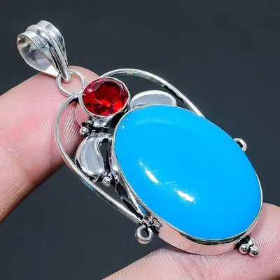Ciondolo gioiello in argento sterling 925 con calcedonio blu, pietra... - Immagine 1 di 4
