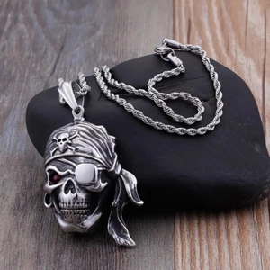 Cursed Skull Pendant - Silver Bandana Eye Patch & Red Evil Eye - Picture 1 of 2