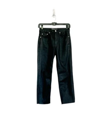 Topshop Coated Straight Leg Jeans 26 Black Stretch Shine Cropped High Rise - Image 1 of 4