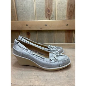 Sperry Womens Metallic Silver Leather Wedge Loafers Size 7.5M - Picture 1 of 9