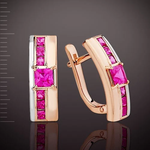 Russian solid rose gold 585 /14k lab created ruby earrings prinzess cut stones - Image 1 of 1