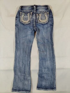 Miss Me Jeans Girls 10 Mid-Rise Bootcut Horseshoe Sequined Pockets Western Denim - Picture 1 of 12