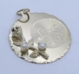 14K Massiv Gold Süße 16 Gezackte Scheibe Perlen Charm Anhänger Gravurbar 3,9 gr - Bild 1 von 3