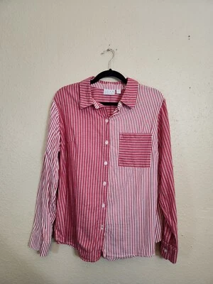 Camisa para mujer Joan Rivers roja blanca a rayas manga larga abotonada talla mediana Foto 1 de 4