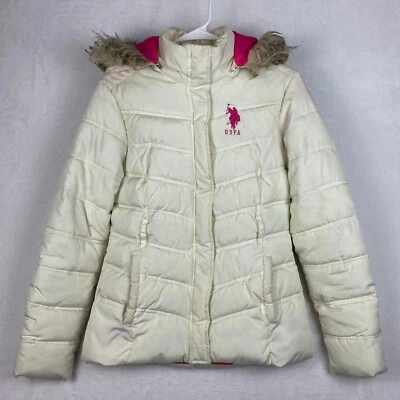 Chaqueta acolchada U.S Polo Assn para mujer mediana marfil desmontable bolsillos con capucha Foto 1 de 4